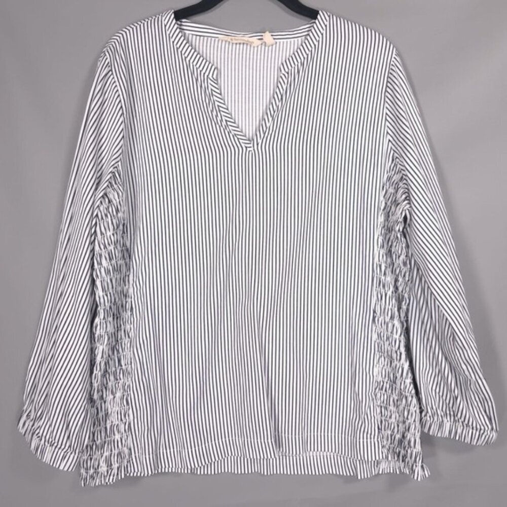 Soft Surroundings Women's Top MEDIUM Smocked Long Sleeve Top Striped Blue White